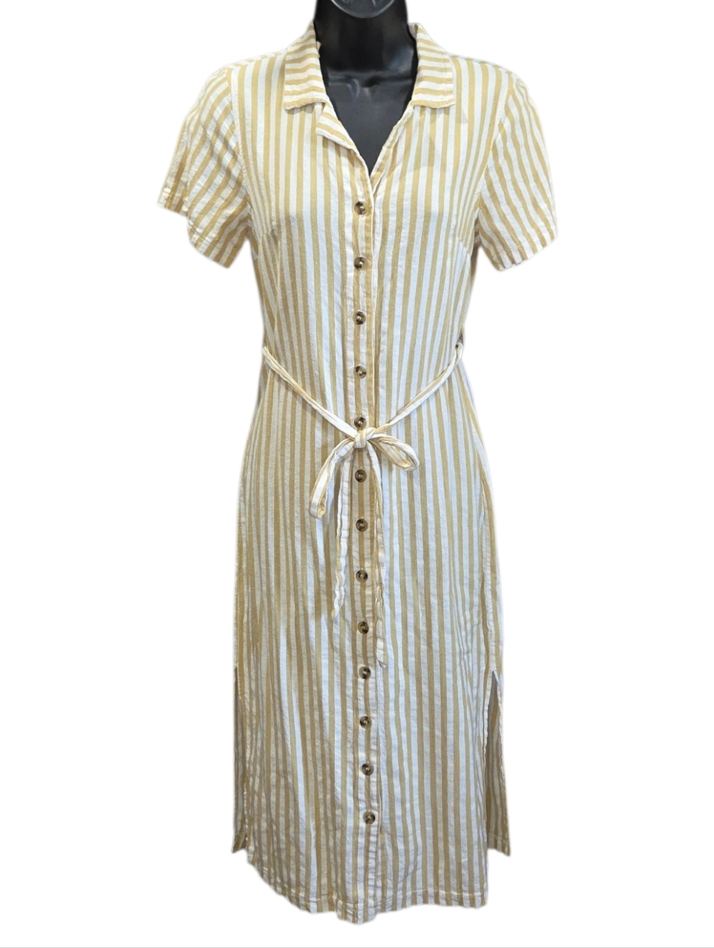 entro Cream and Beige Striped Button-Front Midi Dress Size S - Picture 2 of 5
